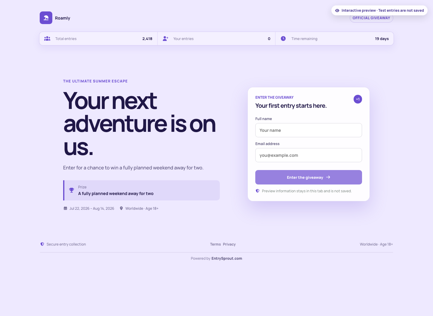Actual EntrySprout preview screen